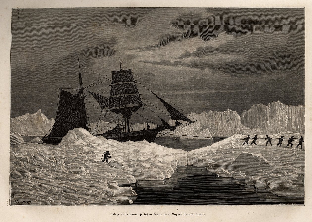 Il traino della nave tedesca La Hansa, incisione per illustrare il viaggio delle navi La Germania e La Hansa al Polo Nord, 1869-1870, del Capitano Hegemann da Jean Pierre Moynet