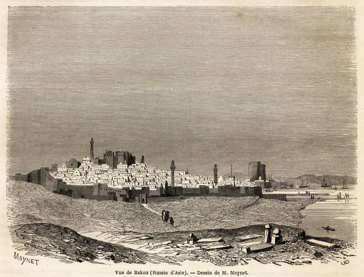 Veduta di Baku, disegno di Mr. Moynet, per illustrare il viaggio sulla costa del Mar Caspio, nell