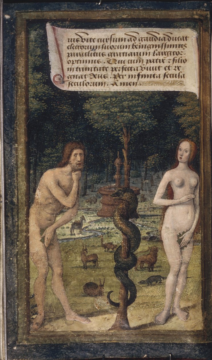 Adamo ed Eva da Lettres bâtardes, ca 1490-1510 da Jean Poyet