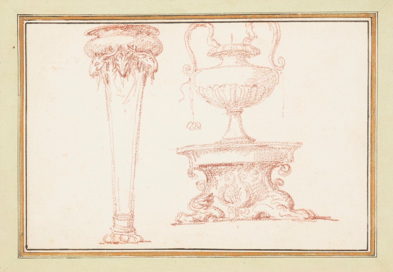 Disegno rilegato, un vaso e una lampada su un supporto, in Dessins d