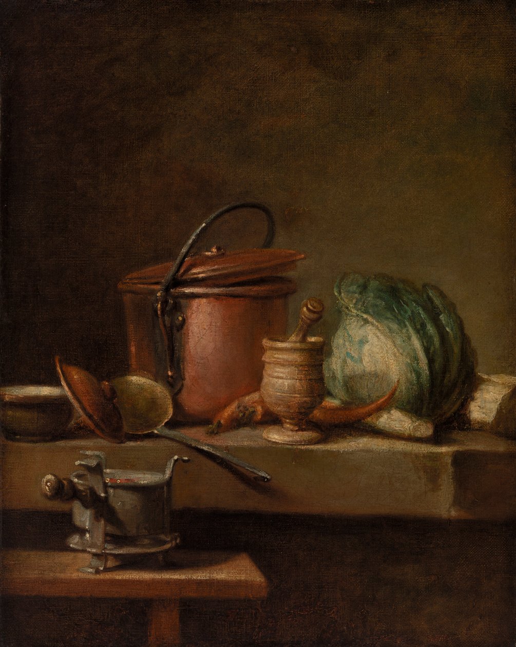 Natura morta con pentola di rame, cavolo, pestello e fornello da Jean Baptiste Simeon Chardin