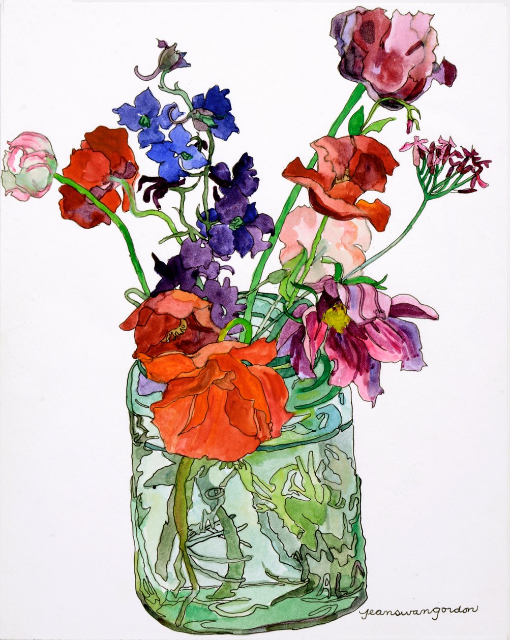 Delphiniums, Poppies  Others in Jar, 2011 (acquerello e inchiostro su carta) da Jean Swan Gordon