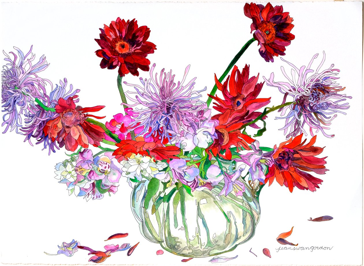 Gerbera, stella di Betlemme, crisantemi, brocca Heisey, 2000 (acquerello e inchiostro su carta) da Jean Swan Gordon