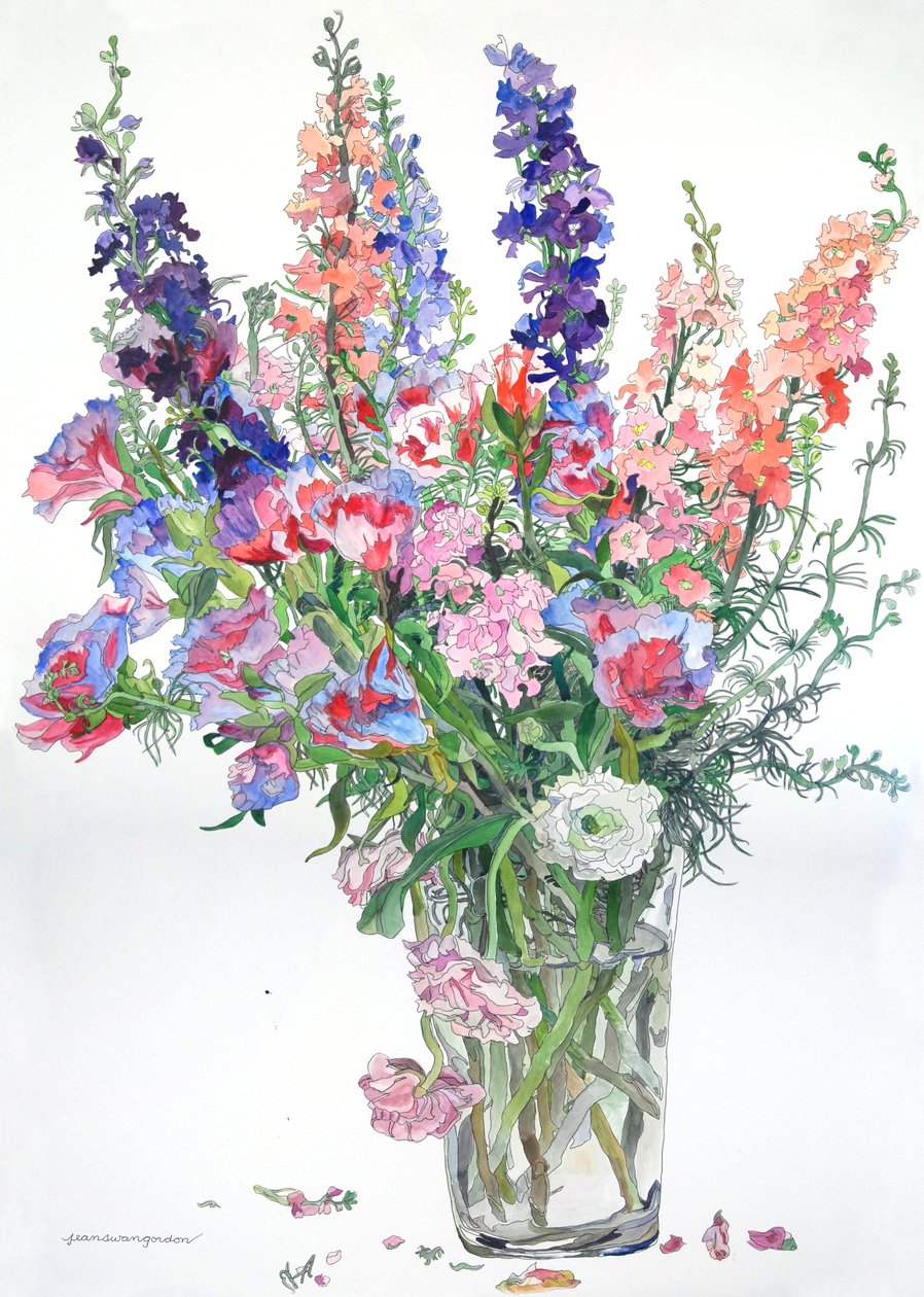 Ranuncoli, Godetia, Delphinium, 2000 (acquerello e inchiostro su carta) da Jean Swan Gordon