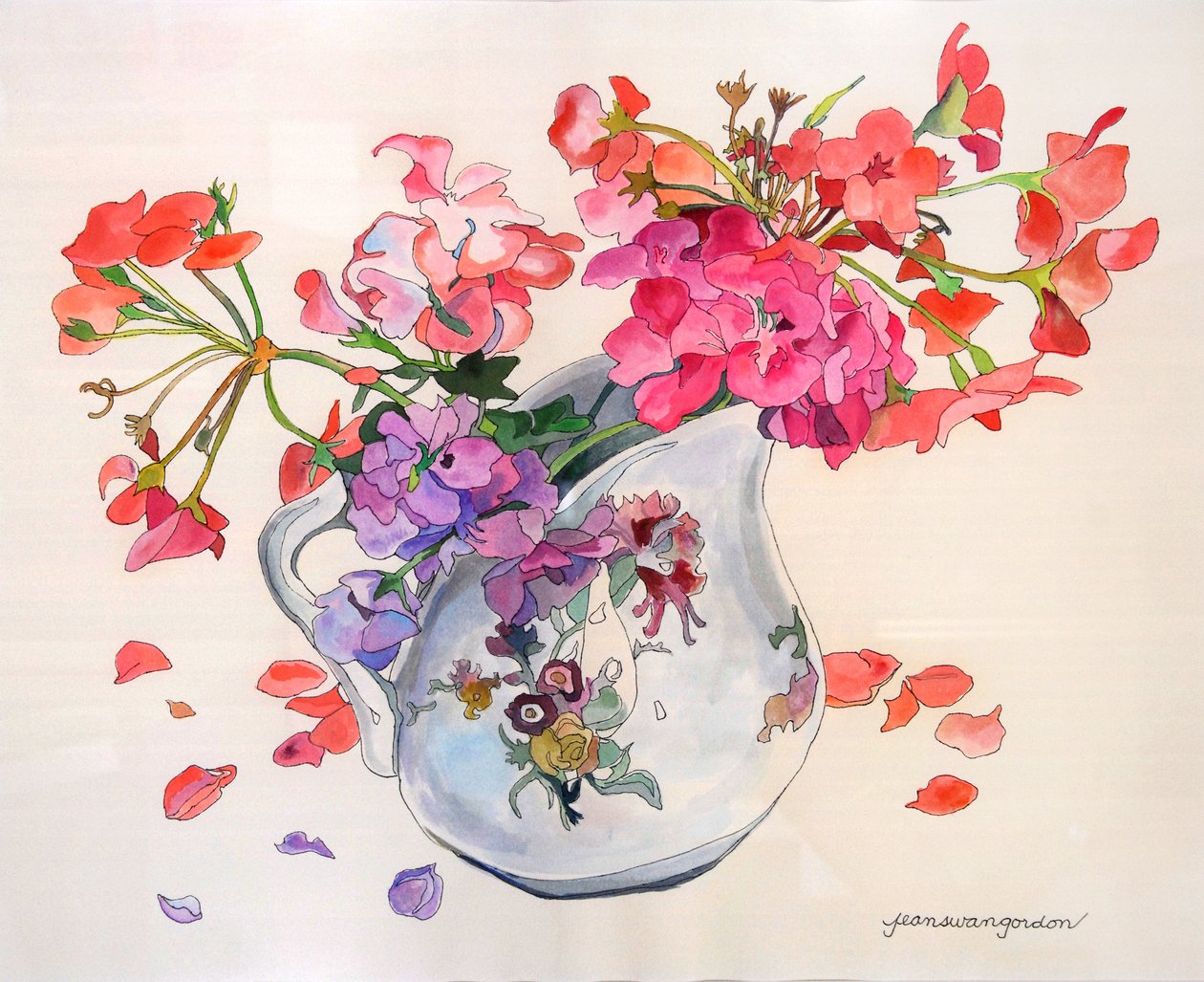 Fiori di primavera nella lattiera Limoges Du Barry (acquerello e inchiostro su carta) da Jean Swan Gordon