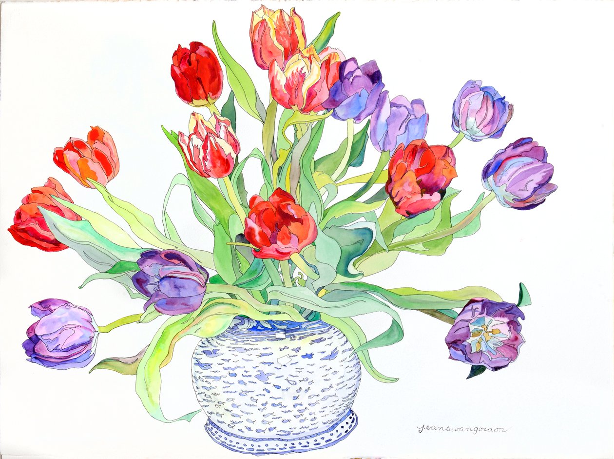 Tulipani in ciotola con disegni di pesci e uccelli dipinti, 2006 (acquerello e inchiostro su carta) da Jean Swan Gordon