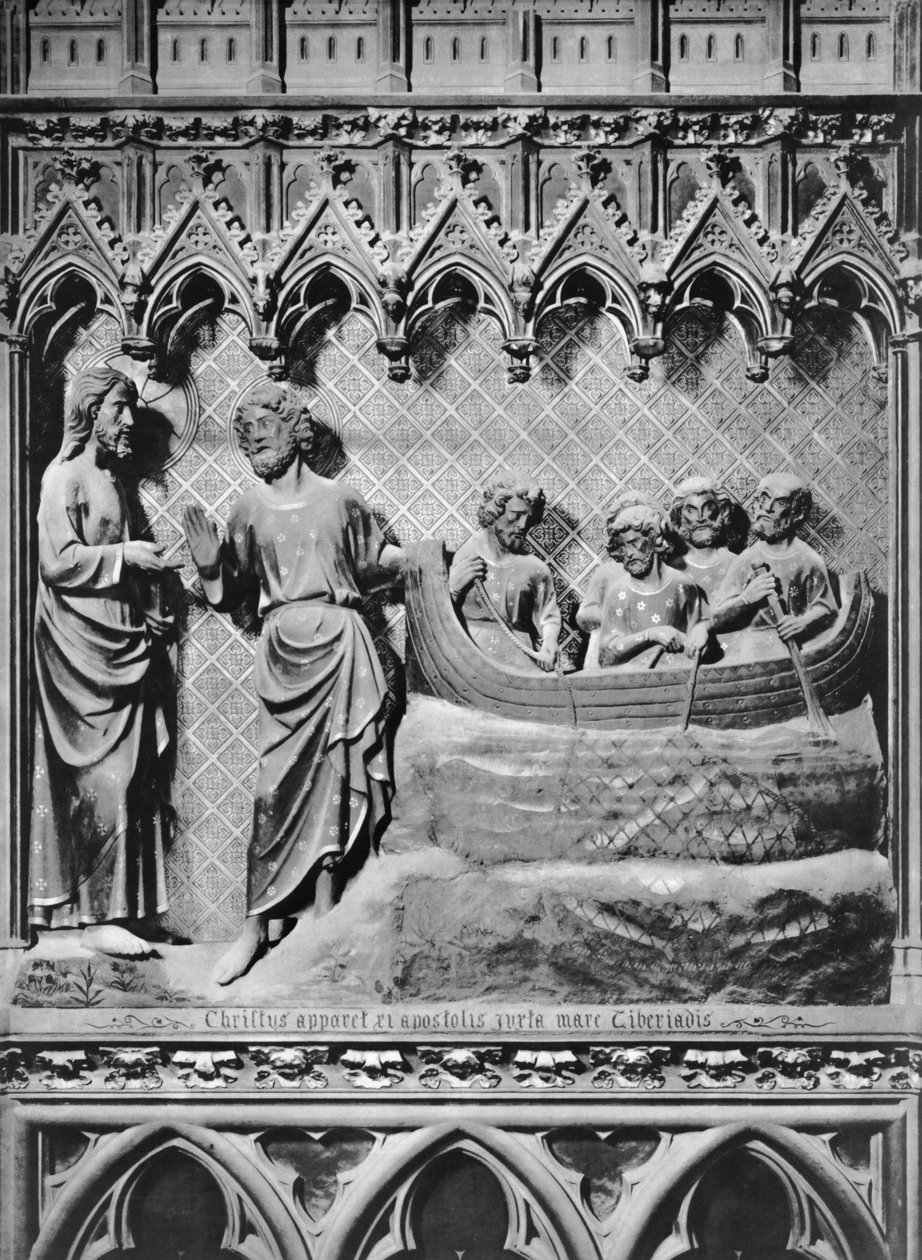 Cattedrale, interno, schermo del coro, Gesù Cristo appare sul lago di Tiberiade, la pesca miracolosa, c.1340-51 da Jean and Jean Le Boutellier Ravy