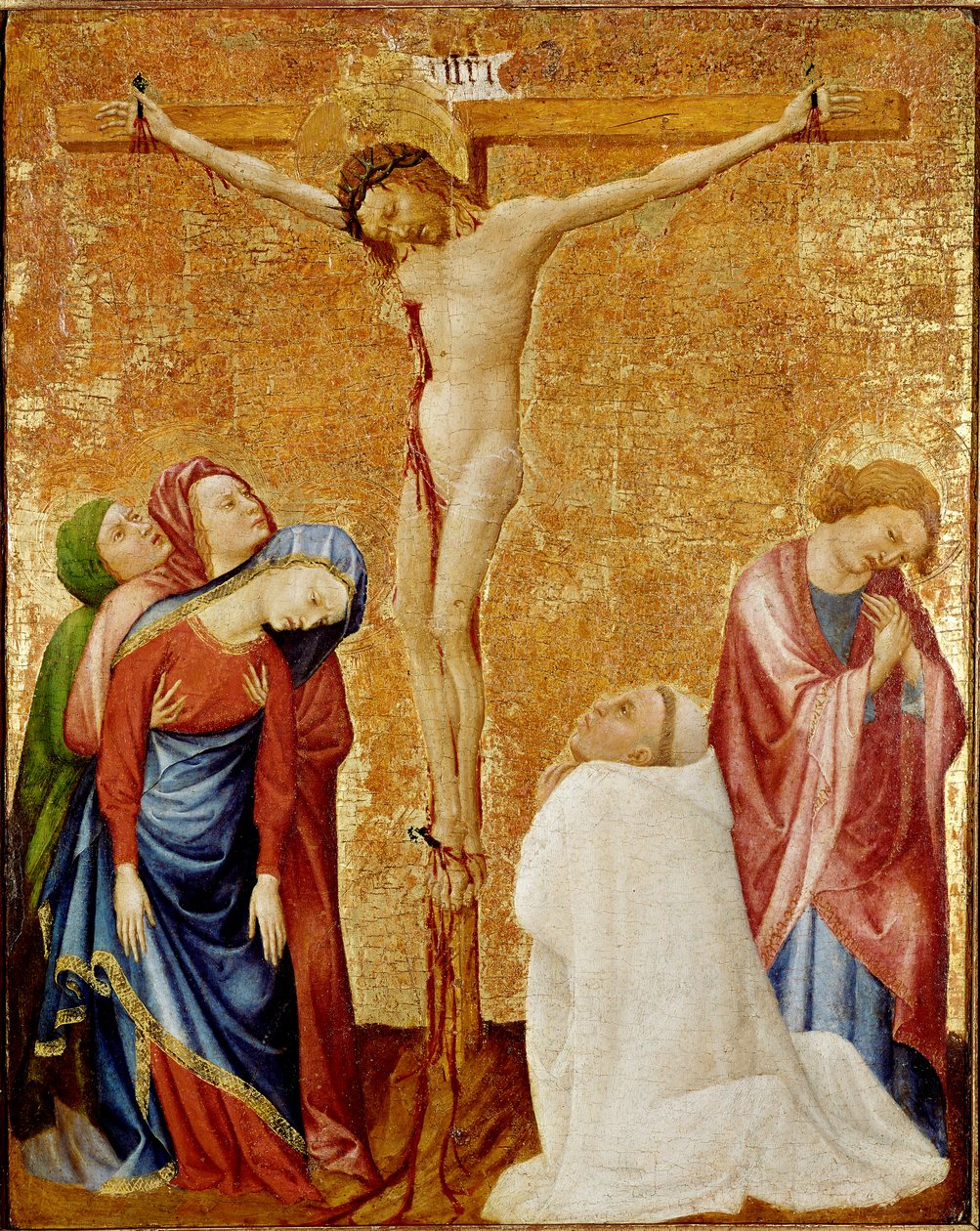 Calvario al monaco certosino. Le tre vergini e San Giovanni circondano la croce. Un monaco certosino si inginocchia ai piedi di Cristo. Dipinto di Jean de Beaumetz da Jean de Beaumetz