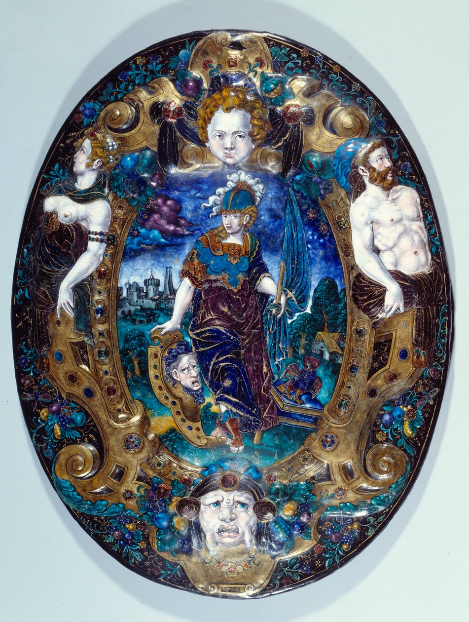 Vassoio smaltato dipinto rappresentante Minerva su sfondo paesaggistico creato da Jean Court dit Vigier (XVI secolo) (pittore smaltatore a LIMOGES) Parigi, Museo del Louvre da Jean de Court