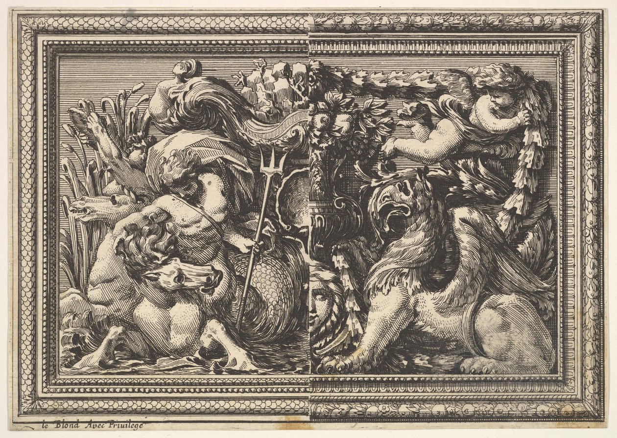 Design per un pannello con due varianti contenenti un ippocampo e un grifone, da: Ornements..., 1651 da Jean le Pautre