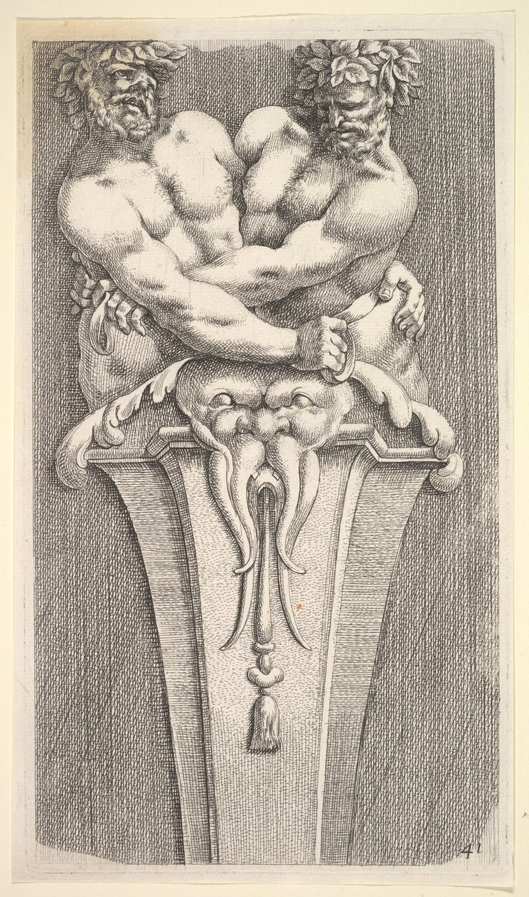 Progetto per un termine con due figure bacchiche, da: Curieuses recherches de plusieurs beaus da Jean le Pautre