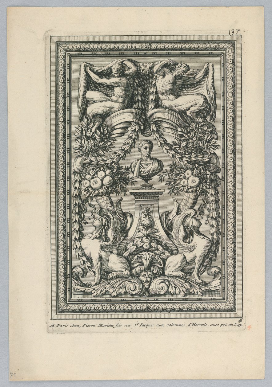 Foglio dal set, "Ornemens de Peaneaux pour... Lambris" da Jean le Pautre