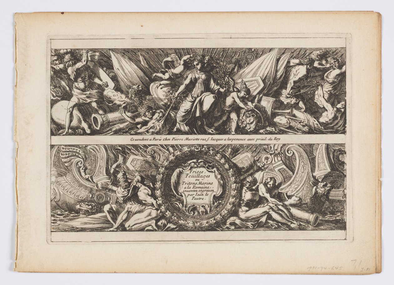 Pagina del titolo da "Frises, feuillages ou tritons marins, à la romaine" da Jean le Pautre