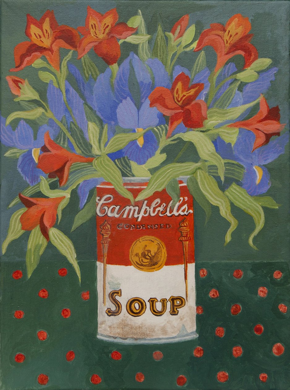 Iris e alstromeiria nella lattina di zuppa Campbell
