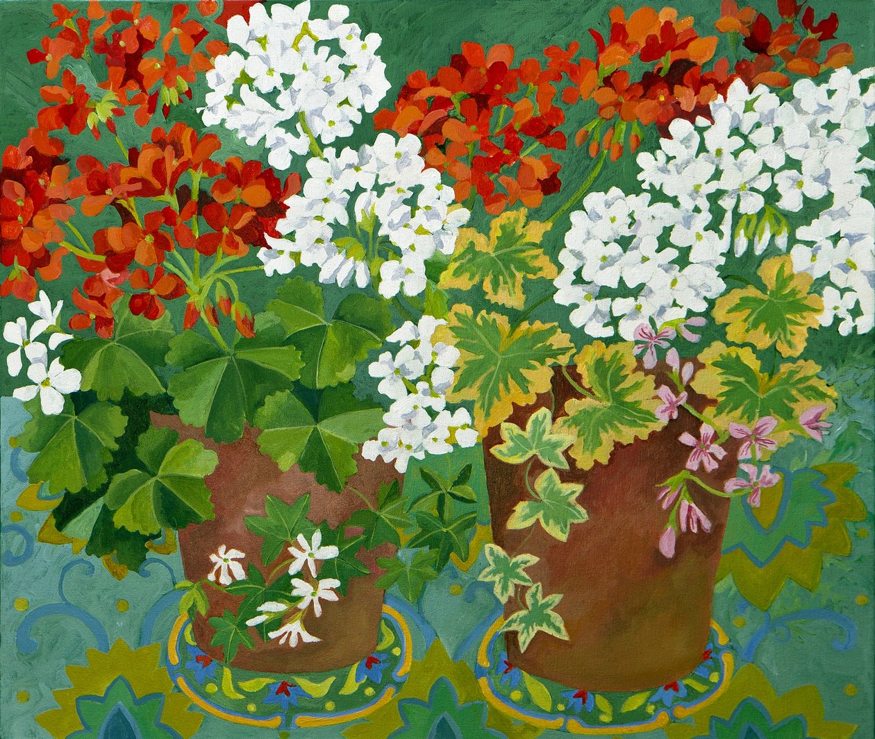 Gerani rossi e bianchi in vaso, 2013 (acrilico su tela) da Jennifer Abbott