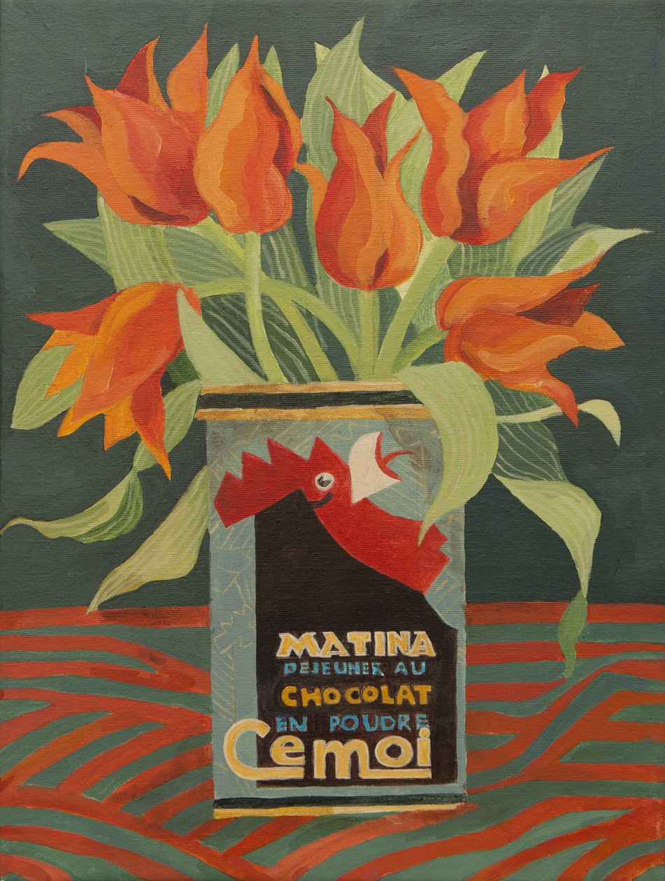 Tulipani rossi in un vecchio barattolo di caffè (acrilico) da Jennifer Abbott