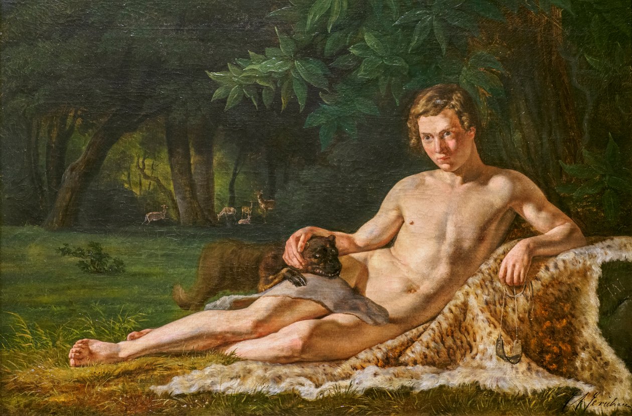 Davide, giovane sdraiato su una pelle di leopardo da Jens Adolf Jerichau