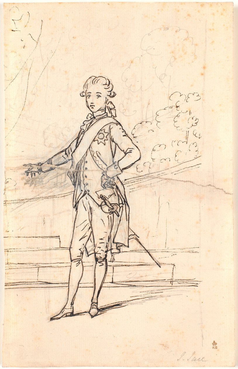Bozza di composizione per ritratto a figura intera di Federico VI come giovane principe ereditario. In piedi di fronte con la mano destra sul fianco e la sinistra appoggiata a un tavolo da Jens Juel
