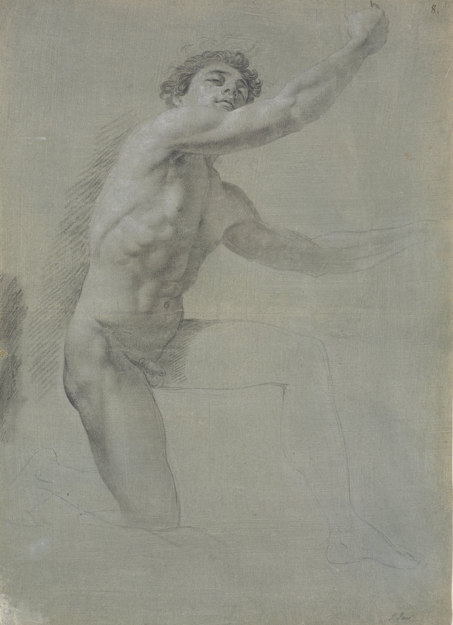 Modello visto di fronte, inginocchiato sul ginocchio destro; non completato da Jens Juel