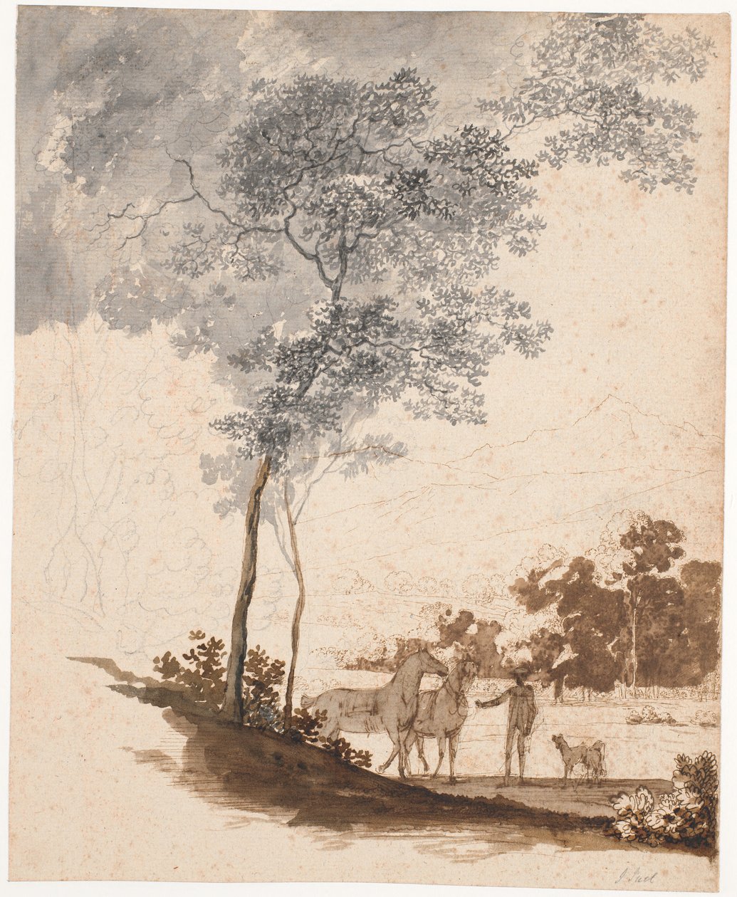 Paesaggio svizzero con un cavaliere che tiene due cavalli e un paio di cani; studio per il ritratto di Jean-Armand Tronchin da Jens Juel