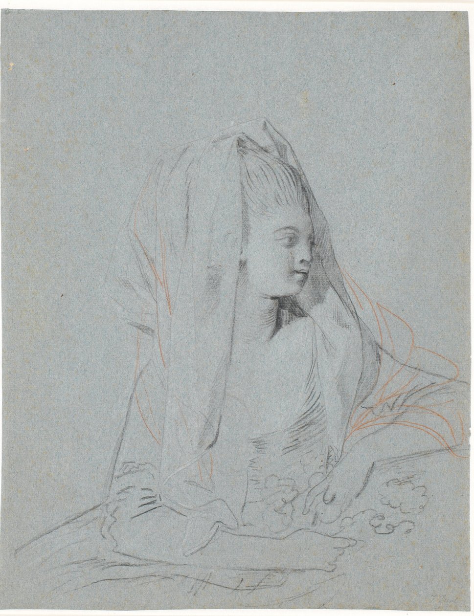 Studio di giovane donna seduta con fiori in mano e velo sulla testa da Jens Juel