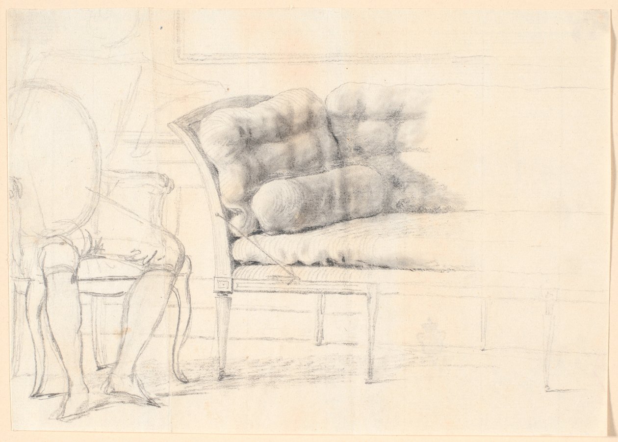 Studio per il ritratto di famiglia Holmskiold del 1787: il divano imbottito, e a sinistra una sedia con la figura di Holmskiold schizzata da Jens Juel