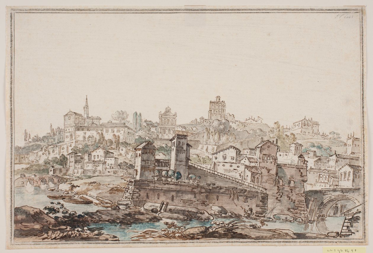 Veduta di città con case e chiesa vicino al fiume. Roma antica da Jens Petersen Lund
