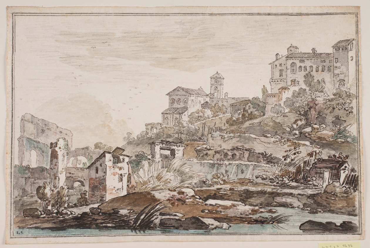 Veduta della città con rovine e chiesa e palazzo in alto da Jens Petersen Lund
