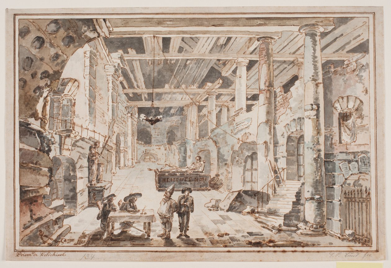 Scena di prigione con Pulcinella e un carceriere a un tavolo con due giudici? da Jens Petersen Lund