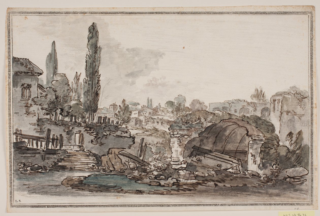 Prospettiva con alberi alti, edifici e rovine da Jens Petersen Lund