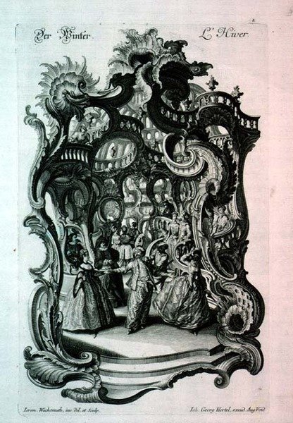 Inverno, spartito rococò che raffigura un ballo in maschera, pub. da Johann Georg Hertel da Jeremias Wachsmuth