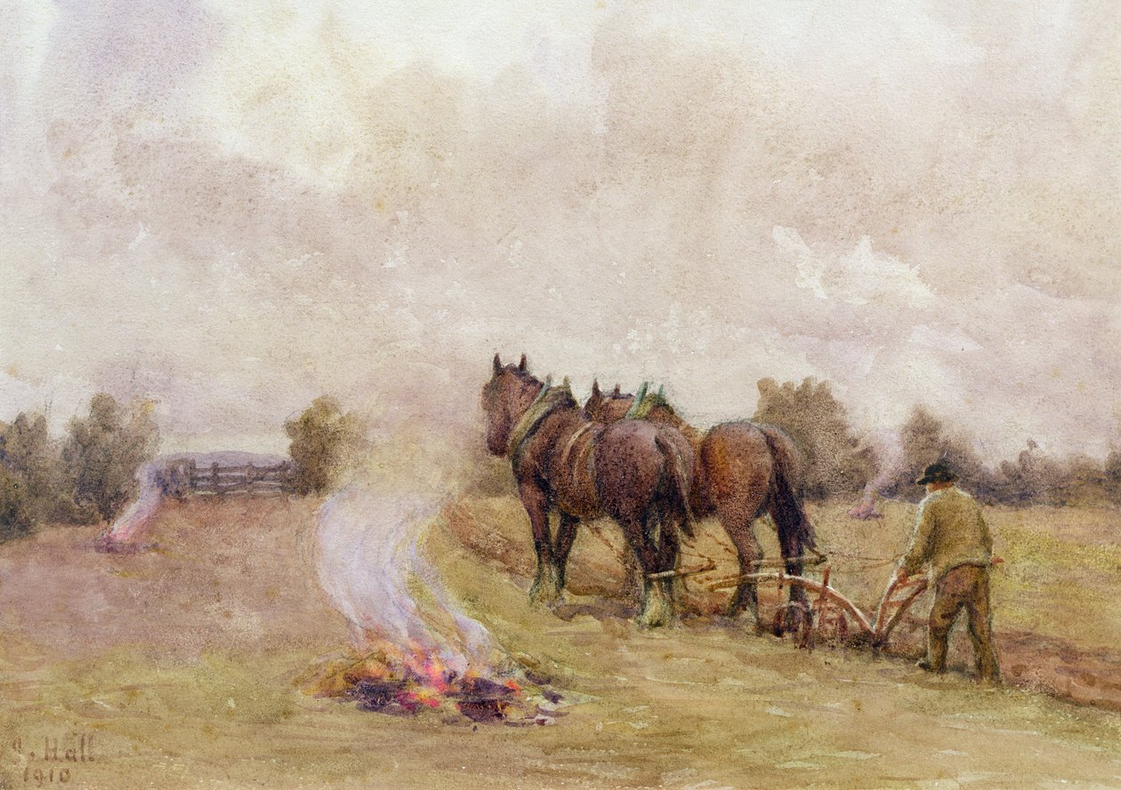 Scena di Aratura con Fuochi in un Campo, 1910 da Jessie Hall