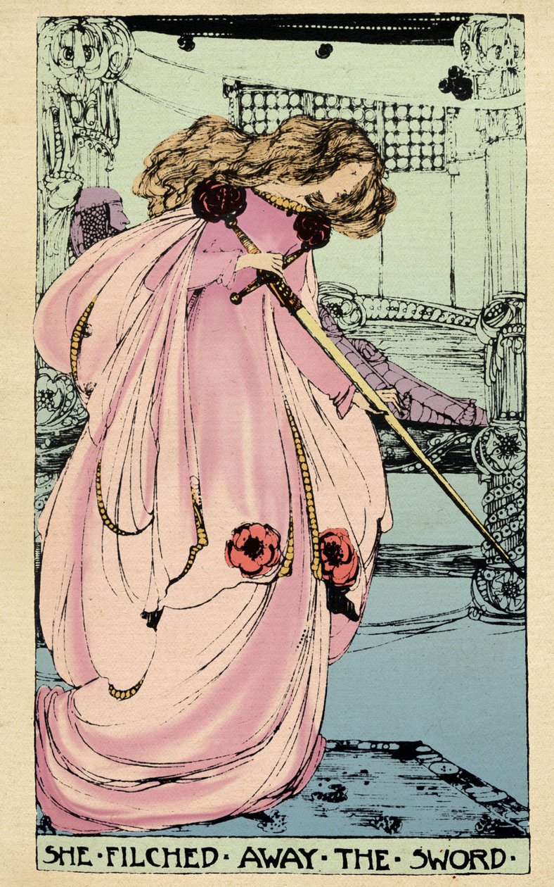 La Fata Morgana ruba Excalibur per il suo amante per usarla contro Re Artù. Illustrazione di Jessie Marion King (1875-1949) per il libro "The High History of the Holy Grail" di Perceval il Gallese, cavaliere della tavola rotonda di Sebastian Evans (1830) da Jessie Marion King