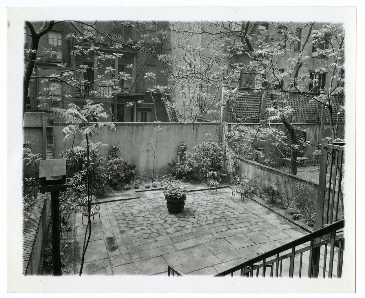 patio posteriore con casetta per uccelli, New York, USA, c.1905-40 da Jessie Tarbox Beals