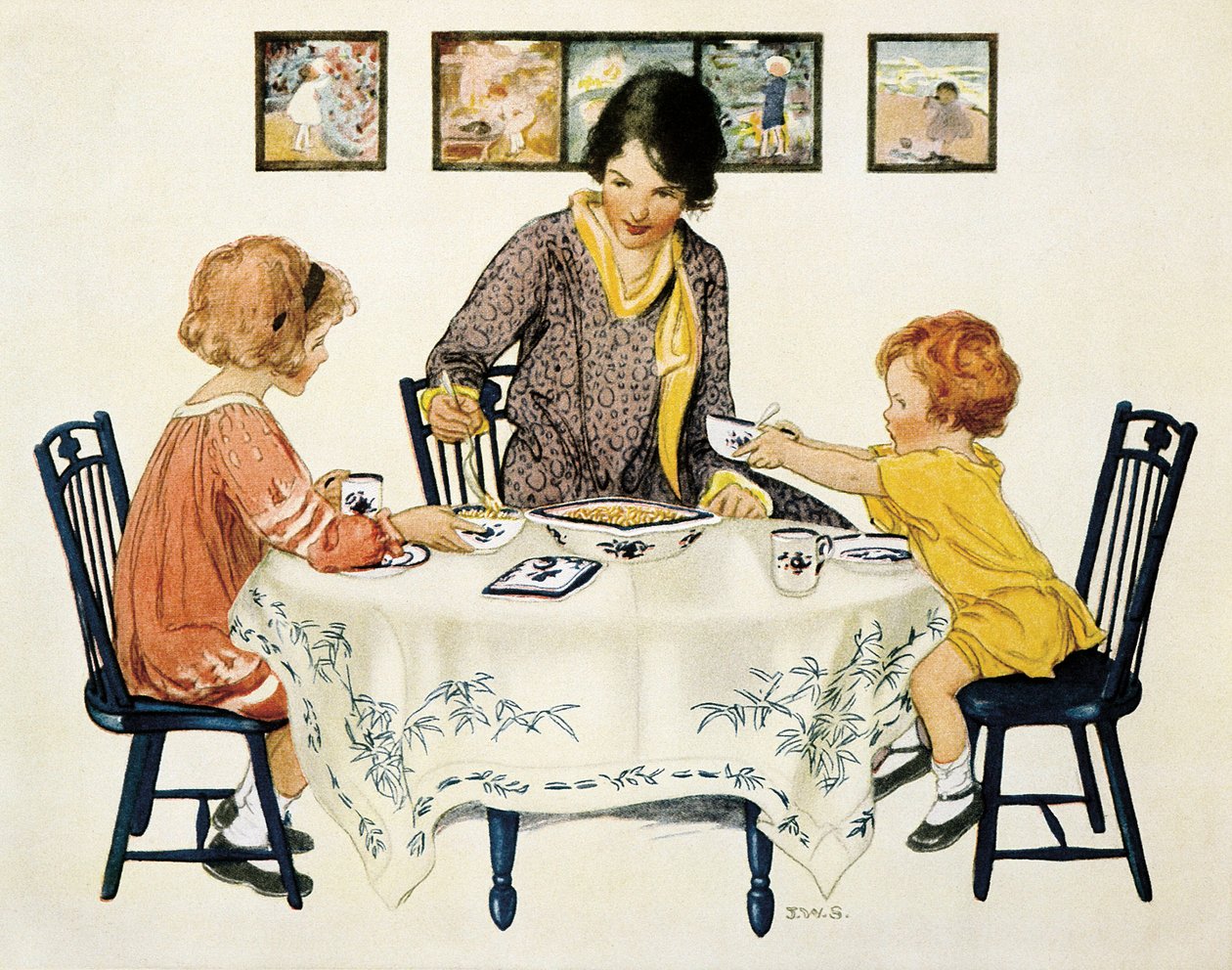 Famiglia (madre e figli) riuniti intorno a un tavolo a mangiare pasta da Jessie Willcox Smith