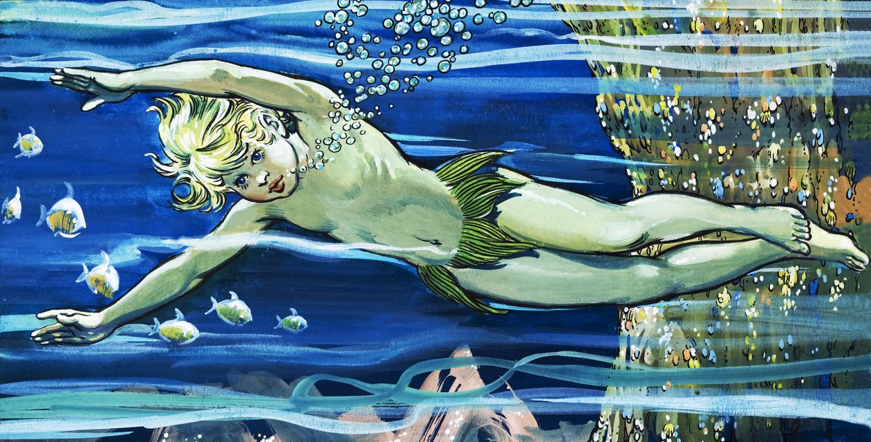 Ragazzo che nuota, illustrazione da "The Water Babies" di Charles Kingsley (gouache su carta) da Jesus Blasco