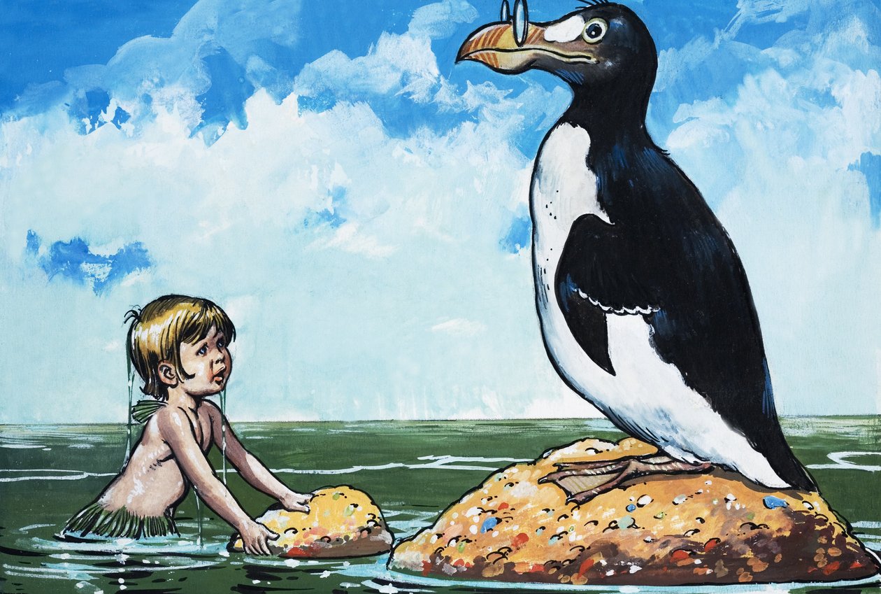 Boy and A Garefowl, illustrazione da "The Water Babies" di Charles Kingsley (guazzo su carta) da Jesus Blasco