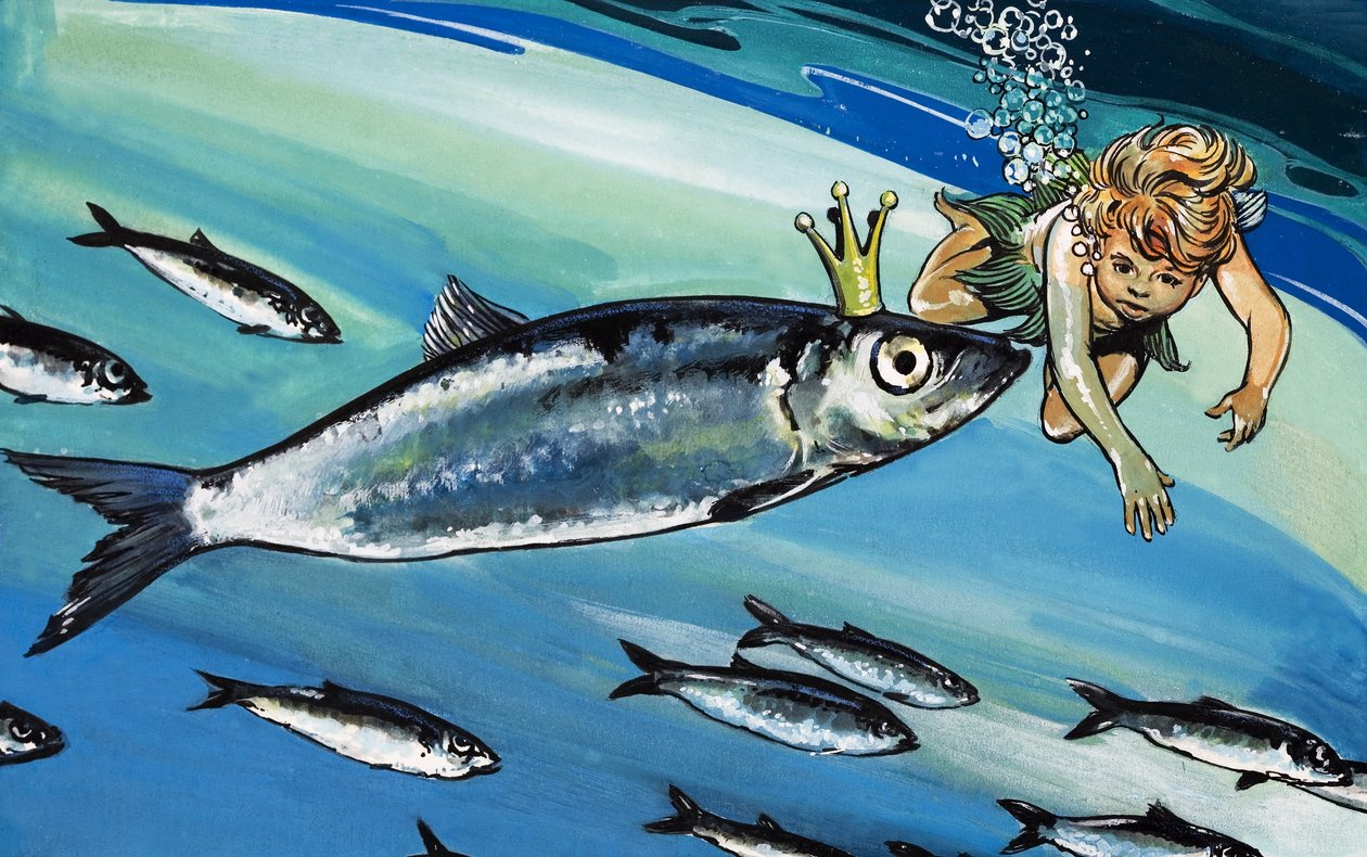 Ragazzo che nuota con un pesce, illustrazione da "The Water Babies" di Charles Kingsley (gouache su carta) da Jesus Blasco