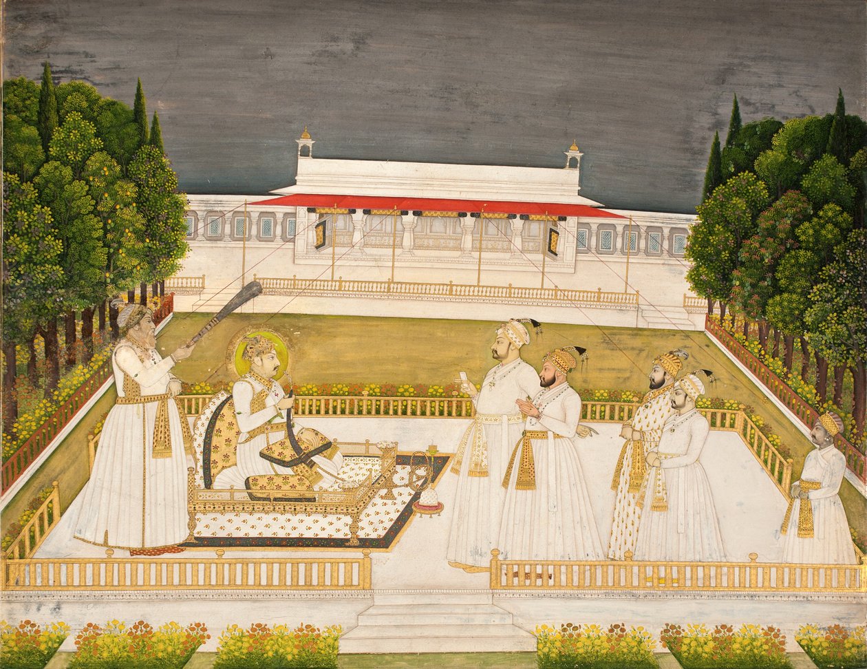 Muhammad Shah in trono su una terrazza di notte con i suoi ufficiali, c.1735 da Jharokha Nidha Mal