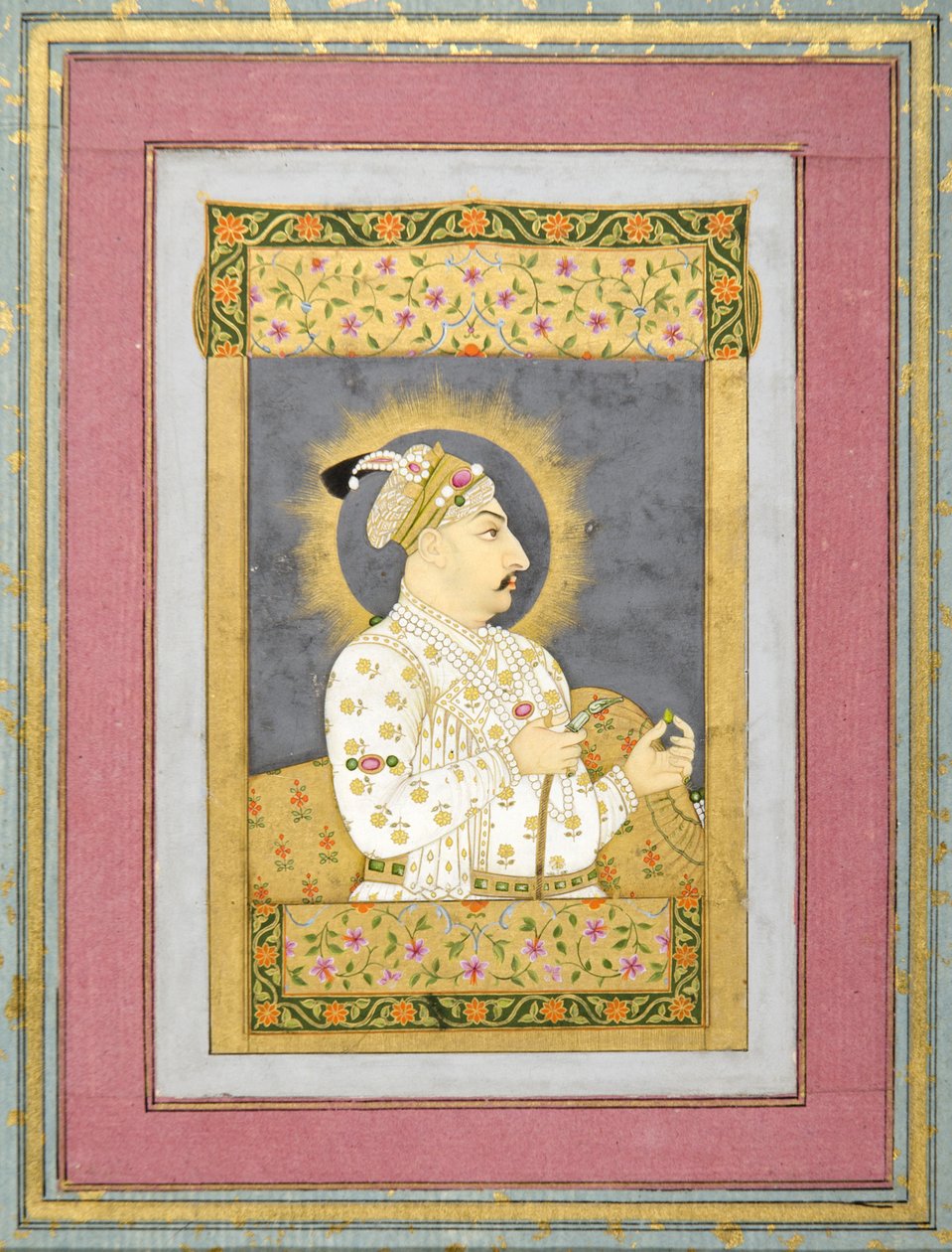 Ritratto di Muhammad Shah con uno smeraldo e il bocchino di una huqqa, c.1730 da Jharokha Nidha Mal
