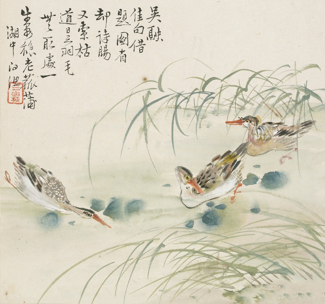 Tre anatre che nuotano in una piscina, 1857 da Jin Yuan