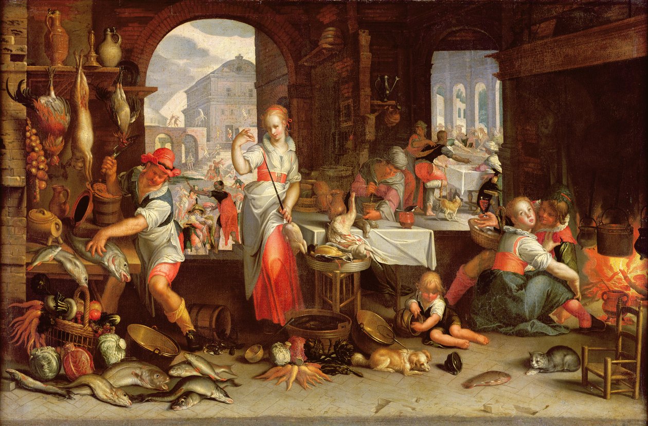Scena di cucina con la parabola del banchetto da Joachim Wtewael or Utewael