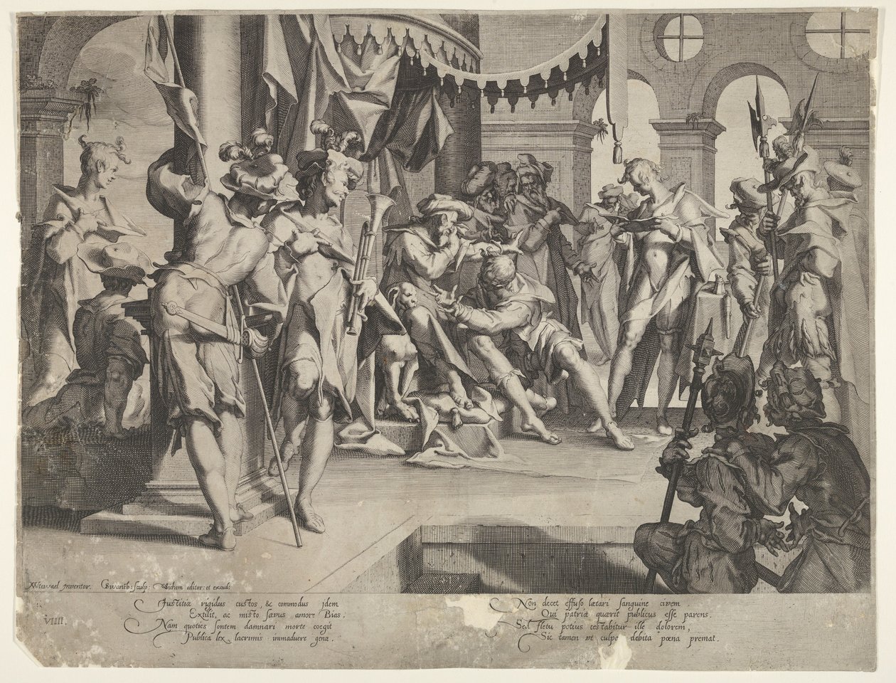 Il giudice Bias che versa lacrime, tavola IX da Thronus Justitiæ, 1605 da Joachim Anthonisz Wtewael