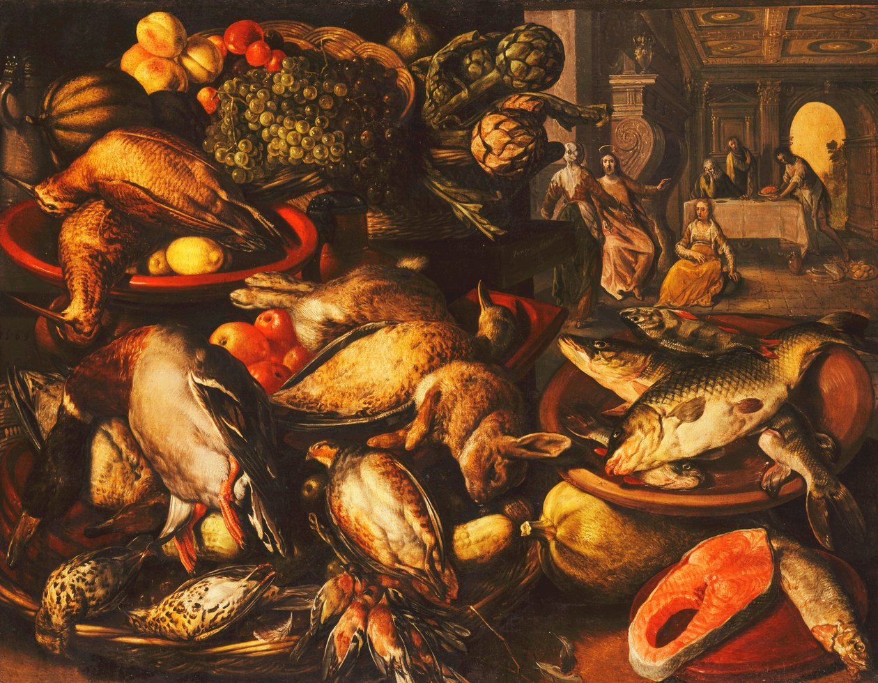 Selvaggina, Pesce, Frutta e Verdura in Cesti e Ciotole in una Dispensa, 1569 da Joachim Beuckelaer