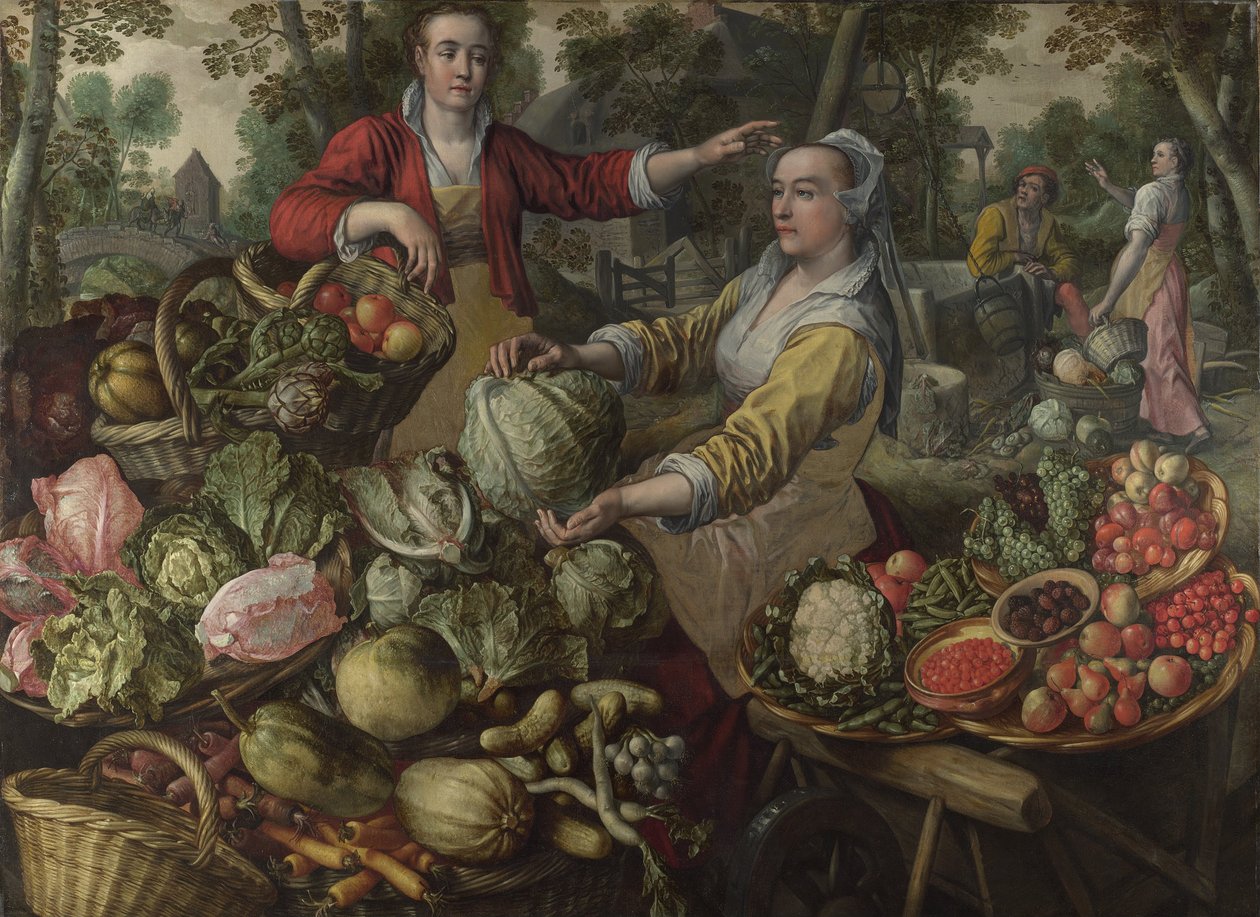 I Quattro Elementi: Terra. Un mercato di frutta e verdura con la fuga in Egitto sullo sfondo da Joachim Beuckelaer