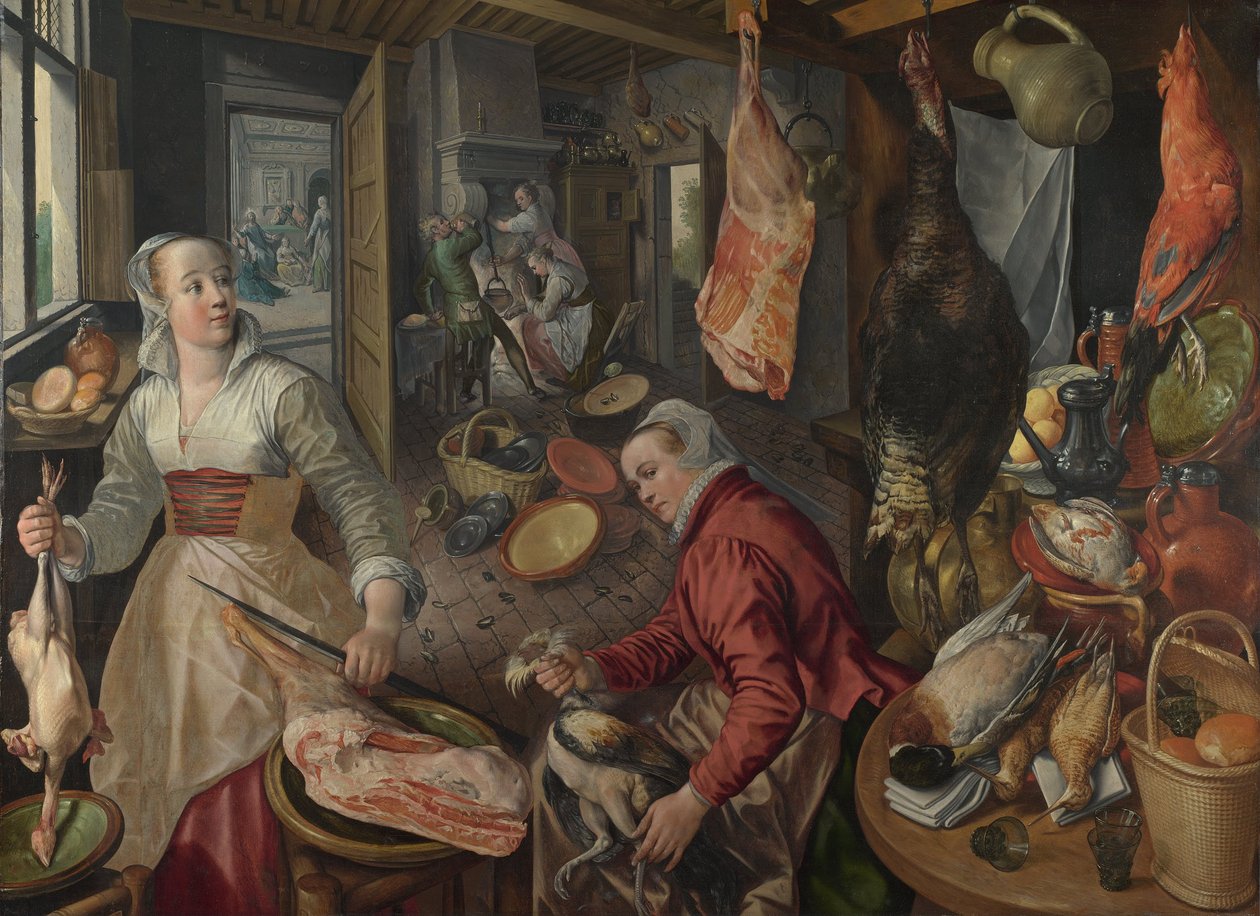 I Quattro Elementi: Fuoco. Una scena di cucina con Cristo in casa di Marta e Maria sullo sfondo da Joachim Beuckelaer