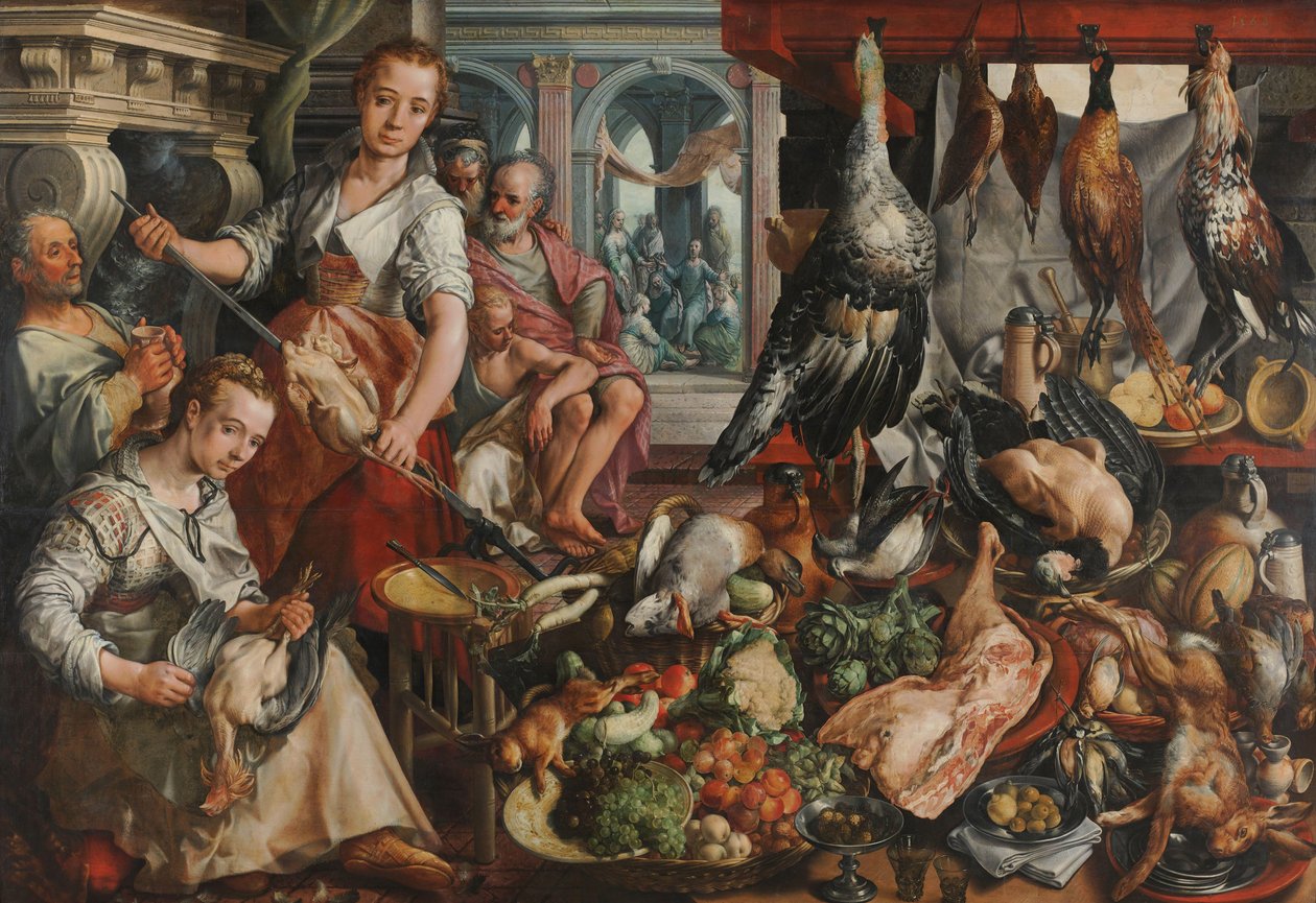 La Cucina Ben Fornita, con Gesù nella Casa di Marta e Maria sullo Sfondo da Joachim Bueckelaer