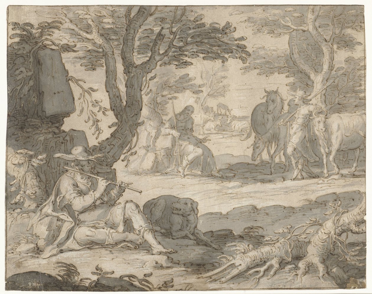 Apollo suona il flauto mentre custodisce il gregge di Admeto da Joachim Wtewael or Utewael