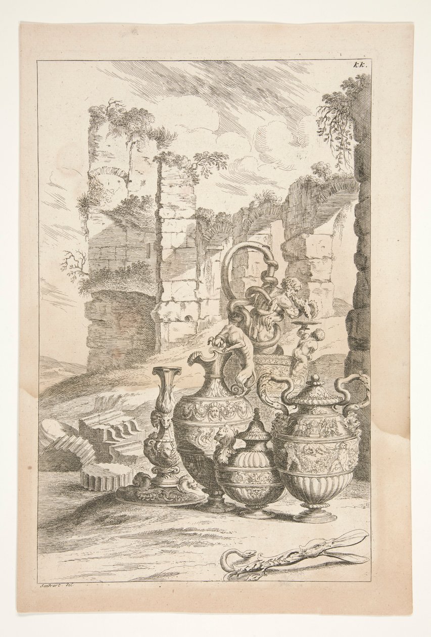 Un candelabro e brocche ornamentali con manico in un paesaggio con rovine, da Sculpturae Veteris Admirata da Joachim von Sandrart