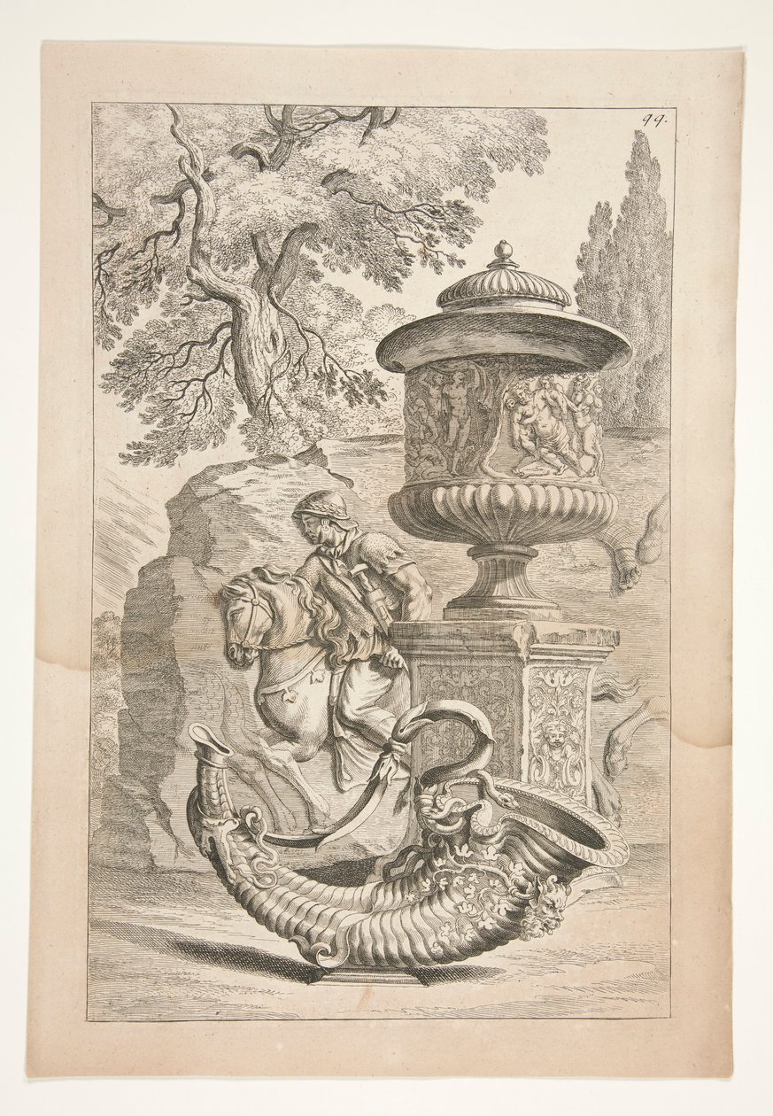 Un Rilievo di Guerrieri, Un Vaso Coperto Decorato con un Rilievo Bacchico e una Cornucopia in un Paesaggio da Joachim von Sandrart
